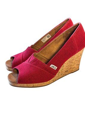 TOMS Red Canvas Peep Toe Wedge Sandals Cork Heel Women's Size 9 W